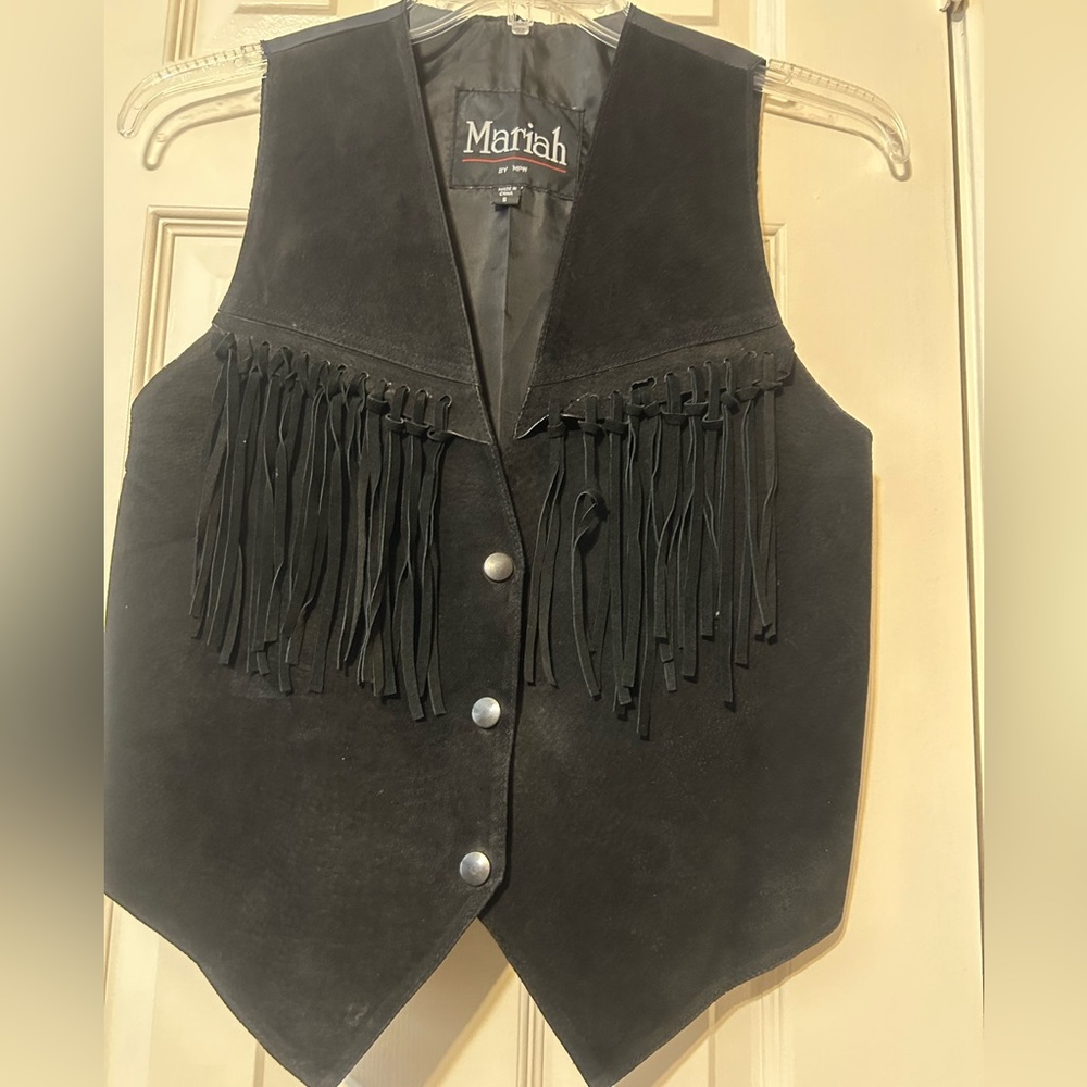 Genuine Suede Leather black vest with fringes size S